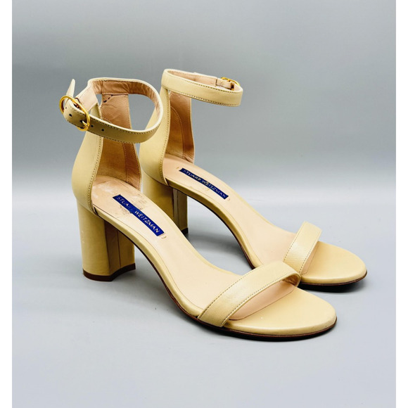 Stuart Weitzman Sandals Womens 7.5 Beige Leather Block Heel Nudist 75 Shoes - Picture 2 of 12